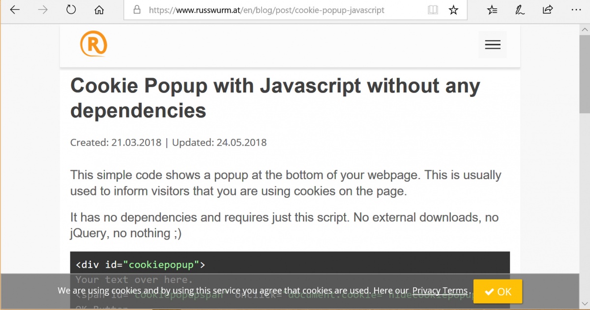 Cookie Popup with Javascript without any dependencies • mogma